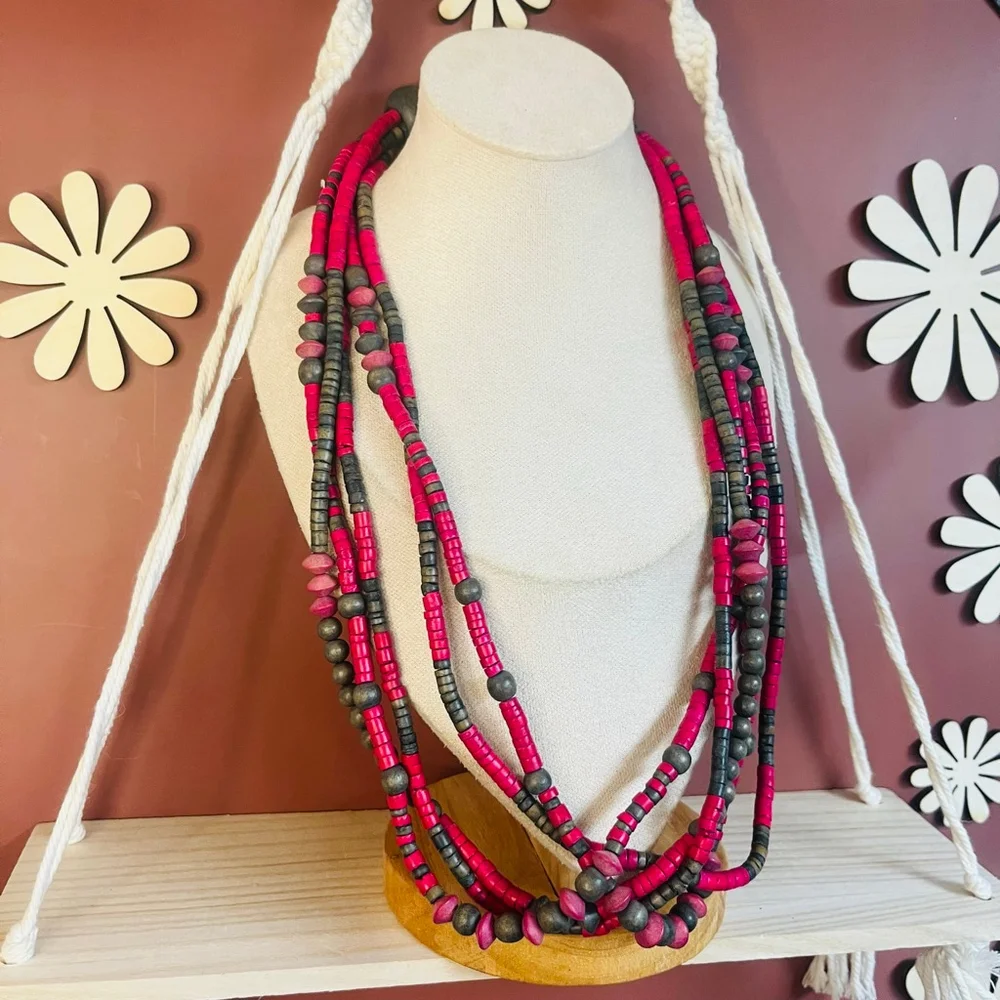 Vintage Heishe Beaded Boho Chic Necklace Pink Layered Eclectic Statement‎ Style